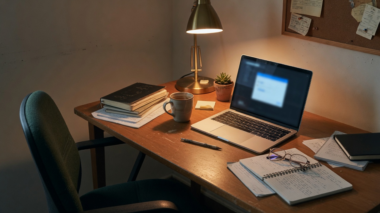 A quiet evening desk with a lamp, notes, glasses, and a laptop.