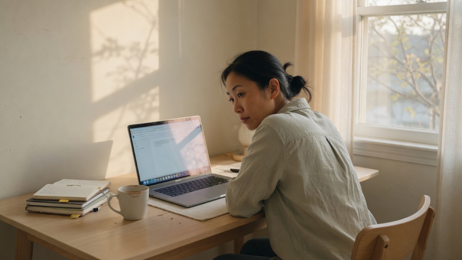 Someone sitting still at a laptop by a window, looking at the screen for a long stretch of work.