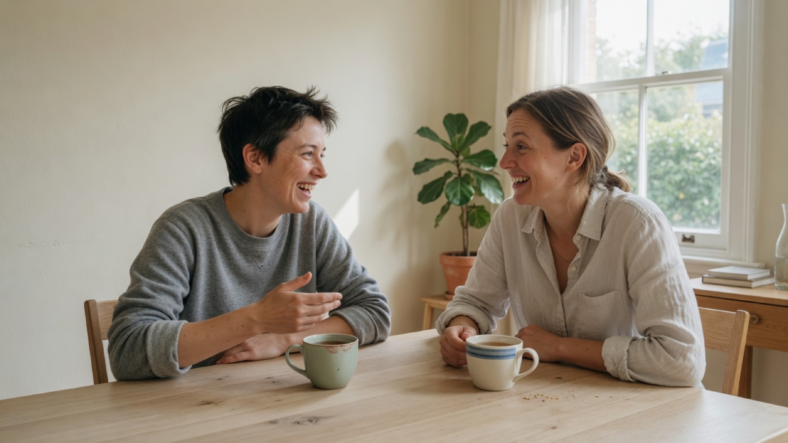 Two people talking across a table, looking at each other, not at screens.
