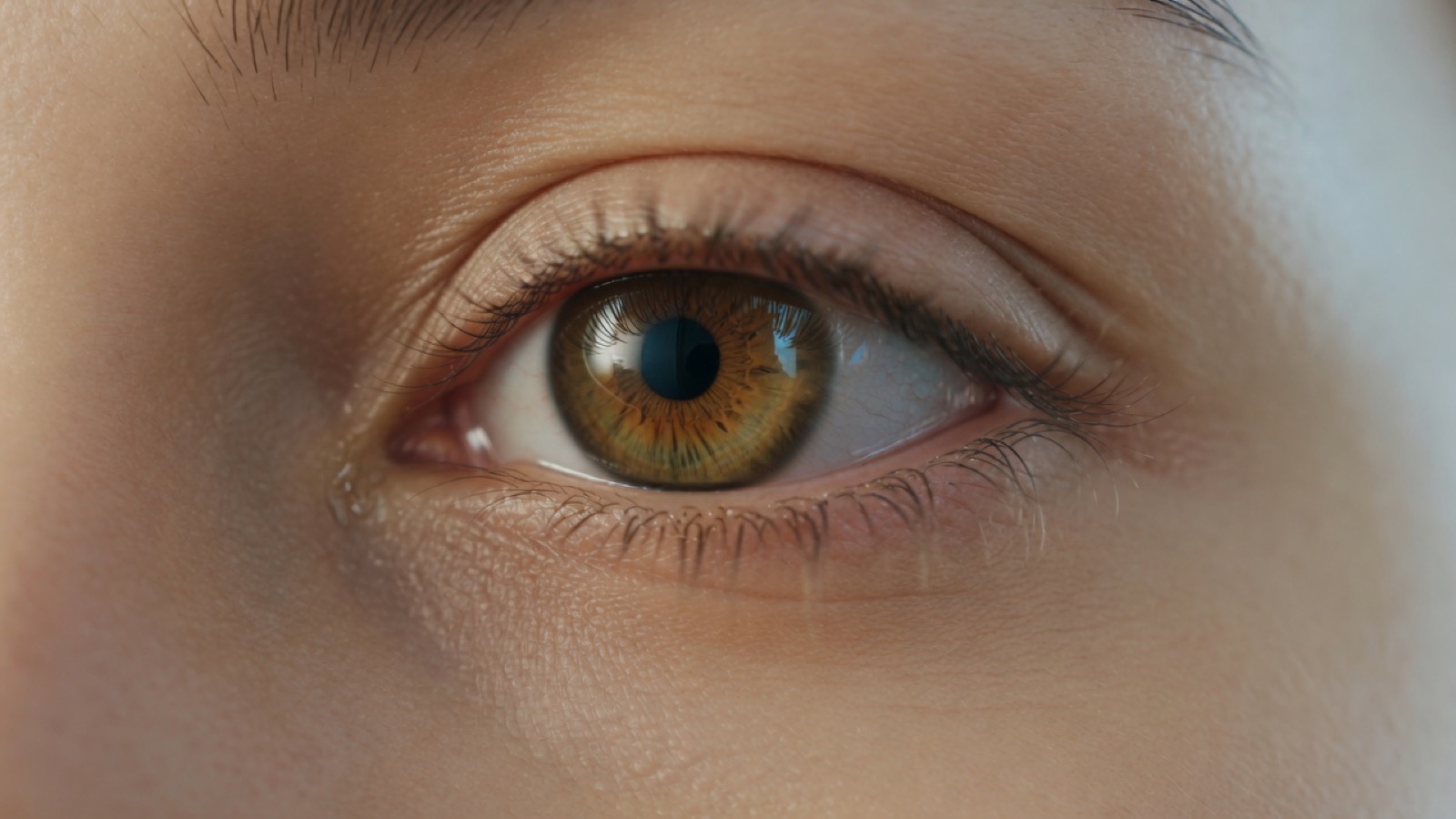 Close-up of an open eye, a thin glossy tear film catching the light.