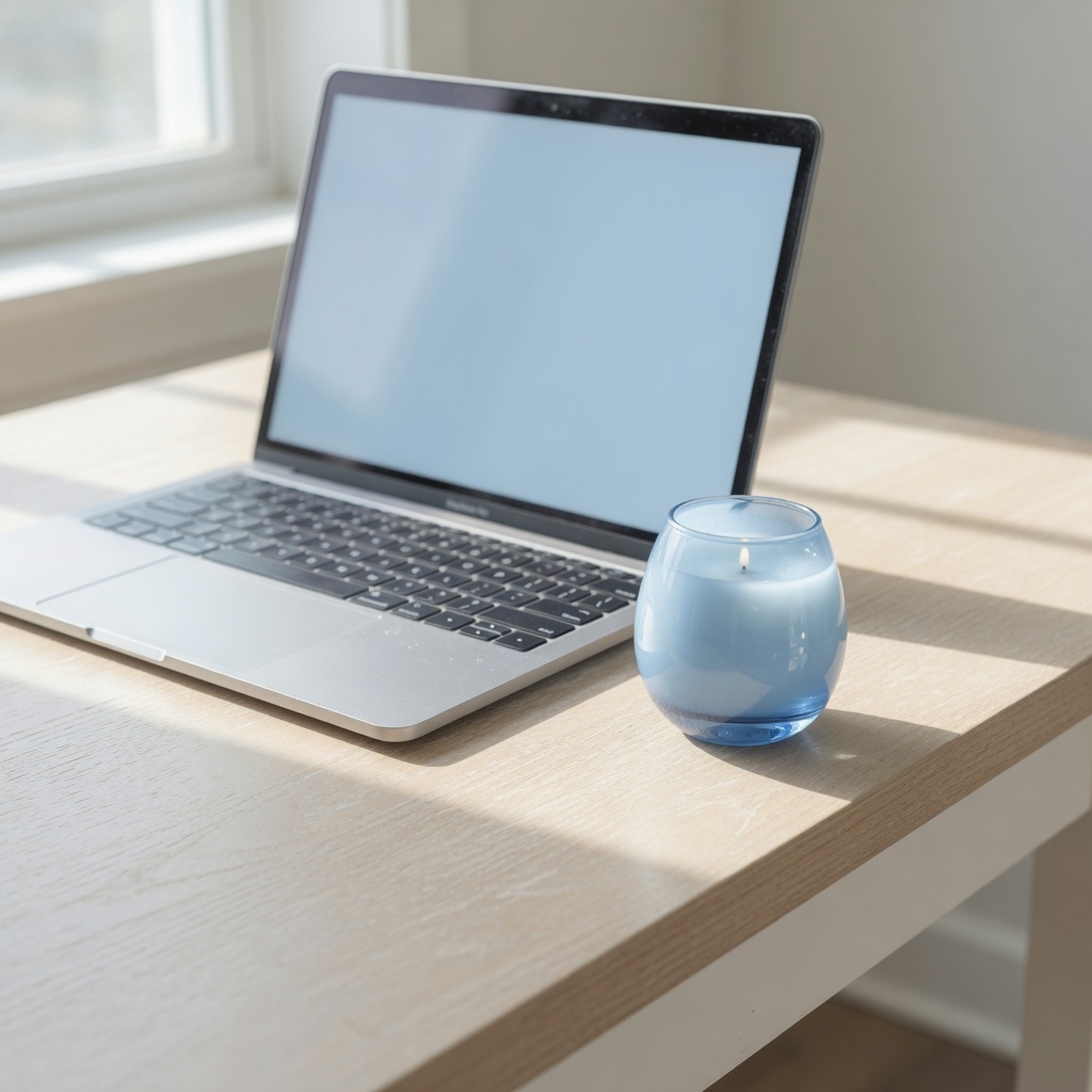 A laptop open on a wooden desk beside a small blue candle, morning light on an uncluttered workspace.