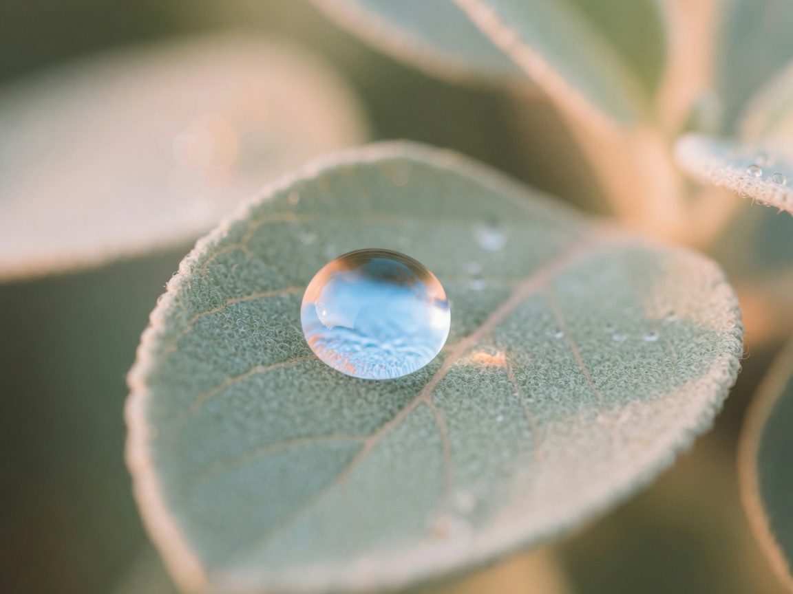 A round dewdrop on a sage leaf, catching blue sky like a tiny lens.
