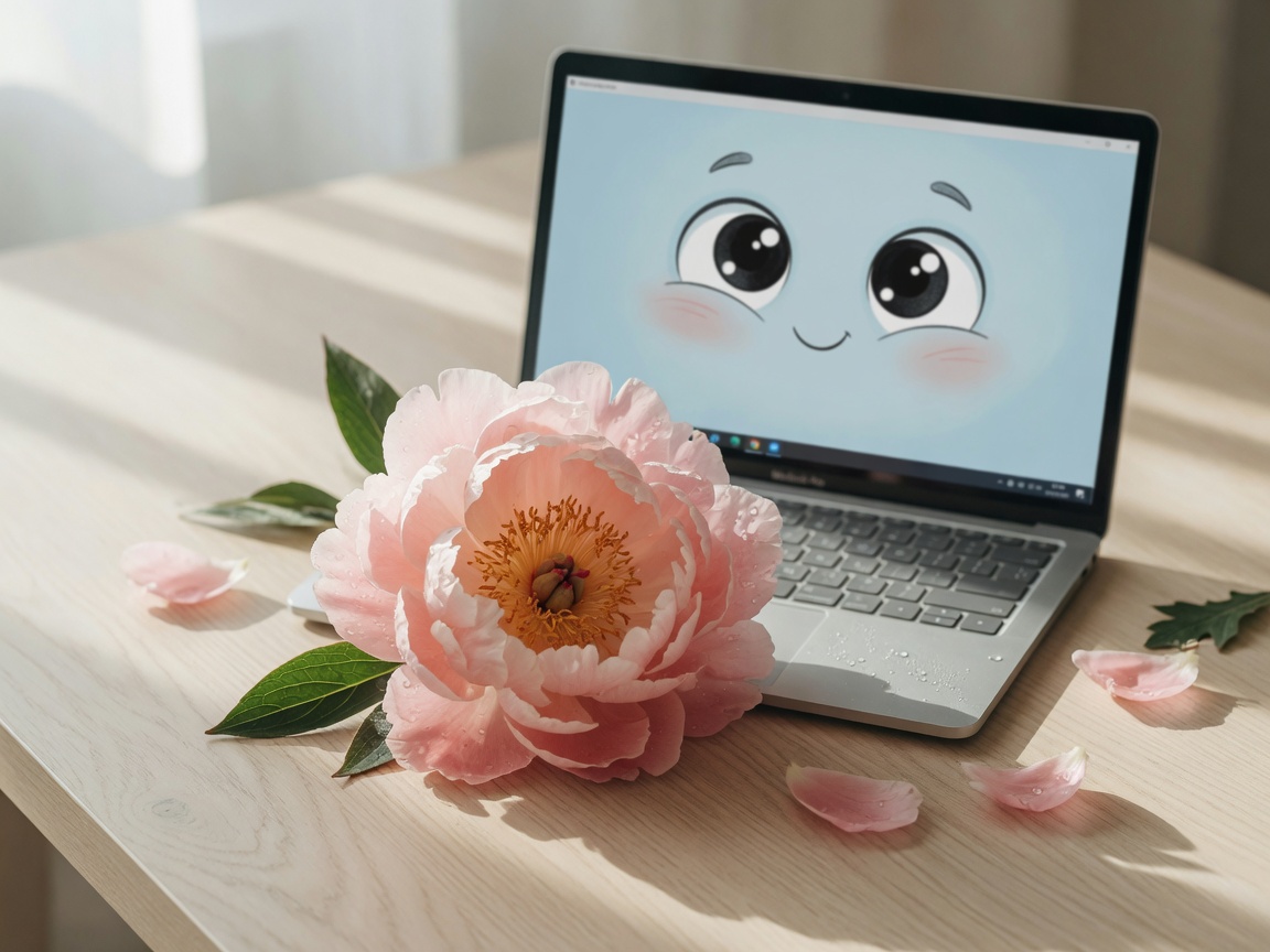 A peony in full bloom beside an open laptop showing a pair of happy eyes.
