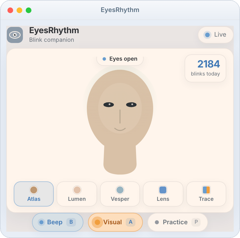 EyesRhythm companion with Beep, Visual, and Practice controls