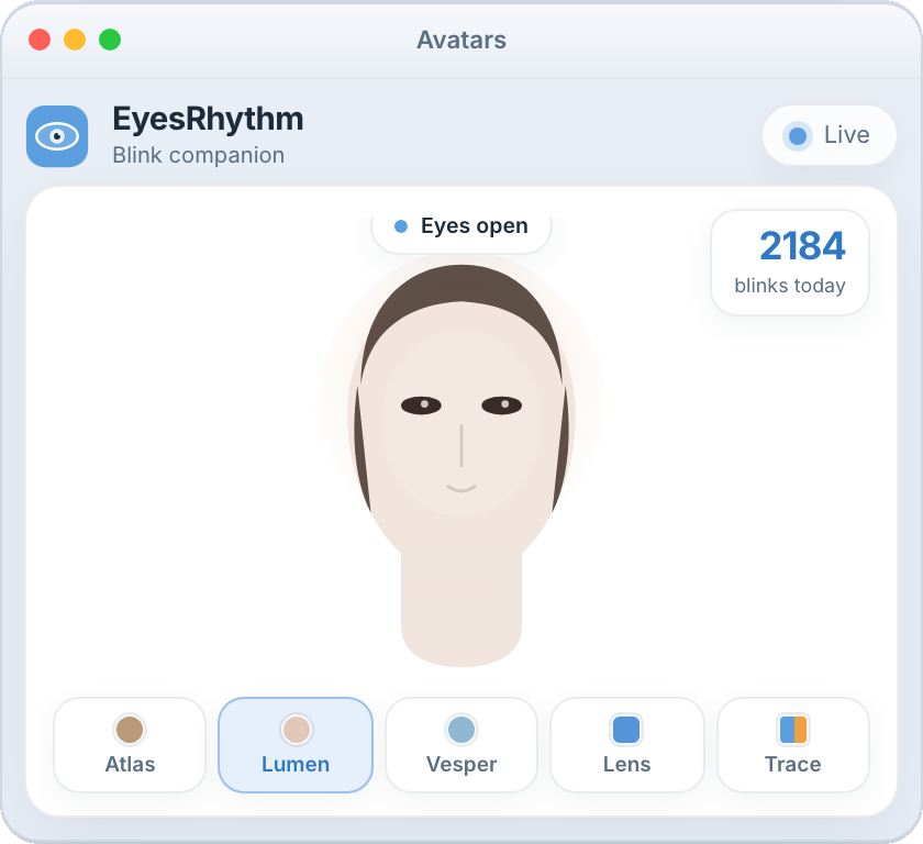 EyesRhythm Lumen avatar with Atlas, Vesper, Lens, and Trace in the picker