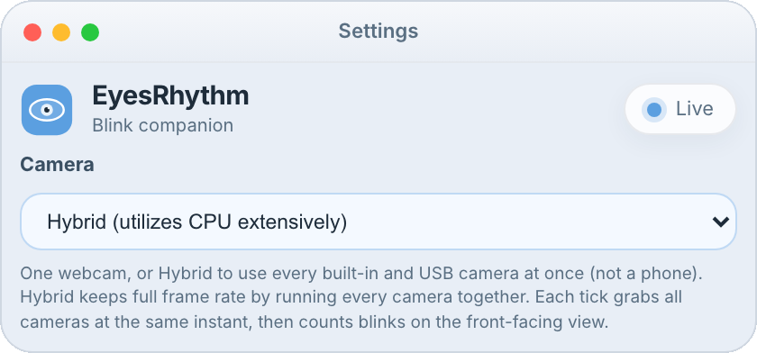 EyesRhythm camera setting with Hybrid multi-camera mode selected