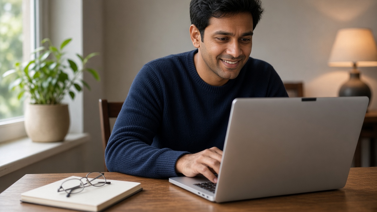 The same man from the banner, smiling comfortably while working at his laptop.