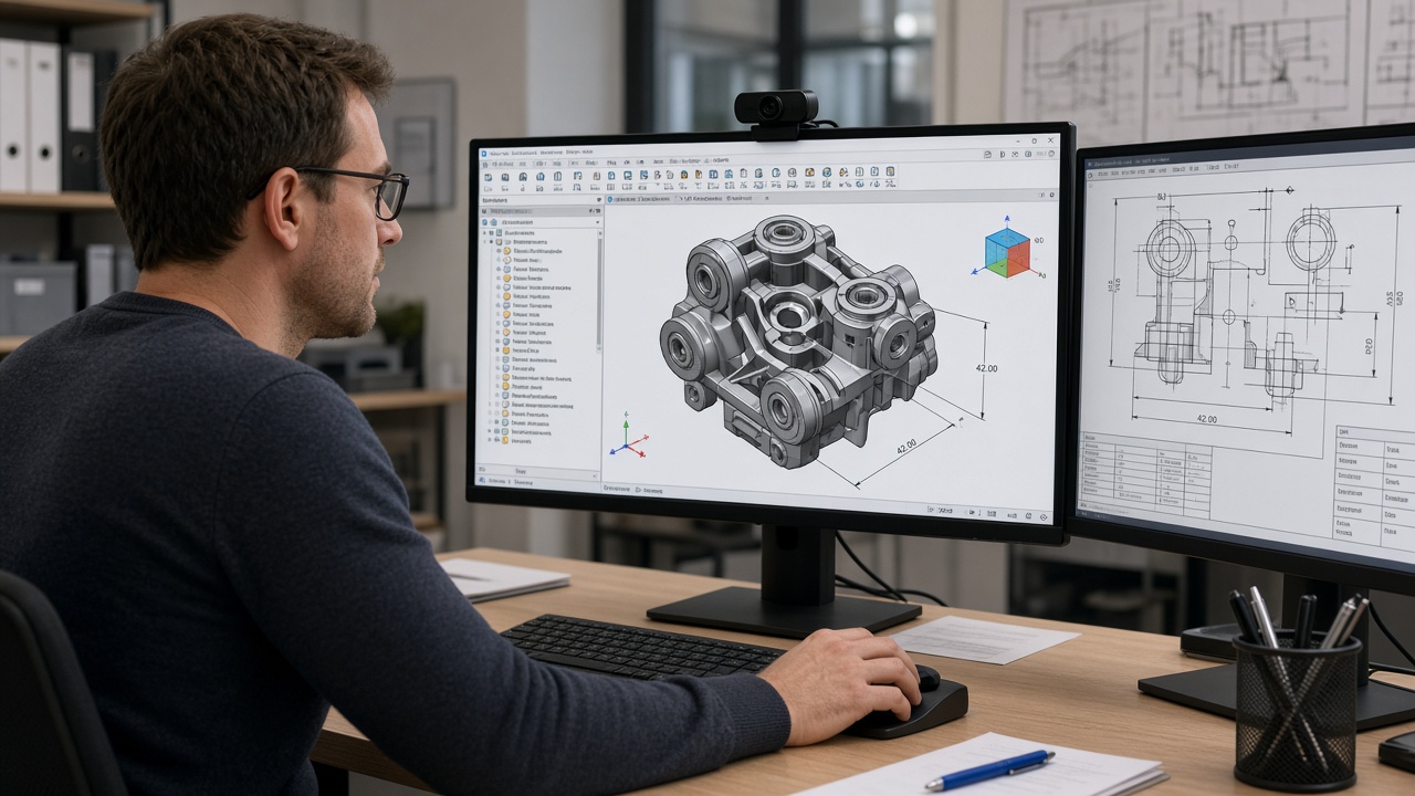 A man at dual monitors using 3D CAD software, a mechanical part on one screen and a technical drawing on the other, webcam on the monitor.