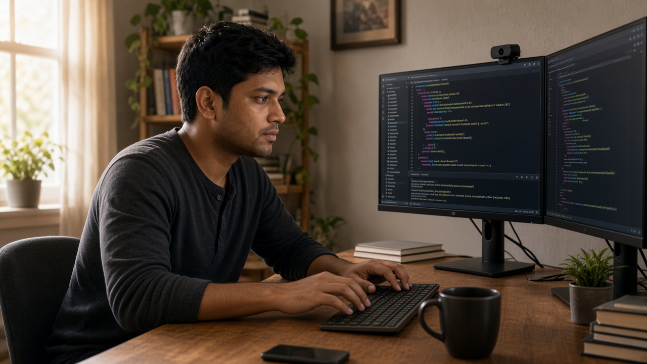 A man typing on an external keyboard in front of two monitors of code, looking at the screens.