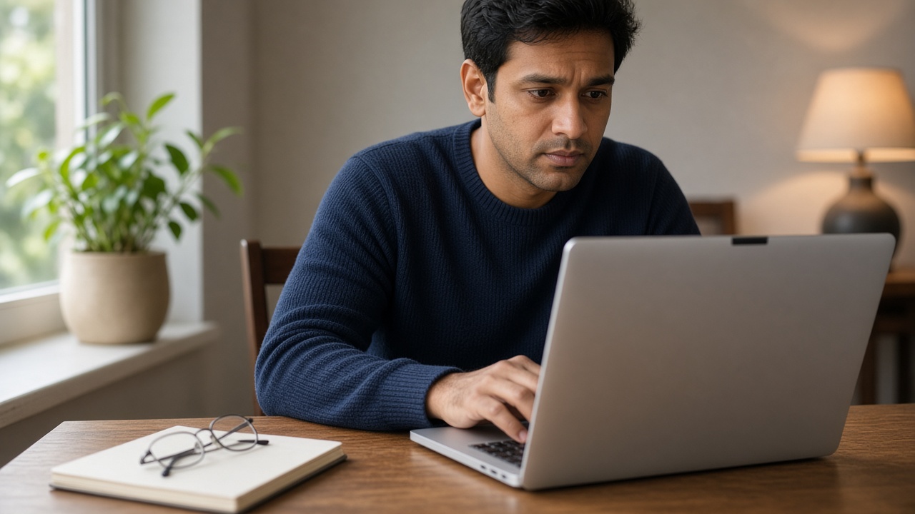 A man working at a laptop on a wooden desk, looking at the screen, a webcam visible on the lid.