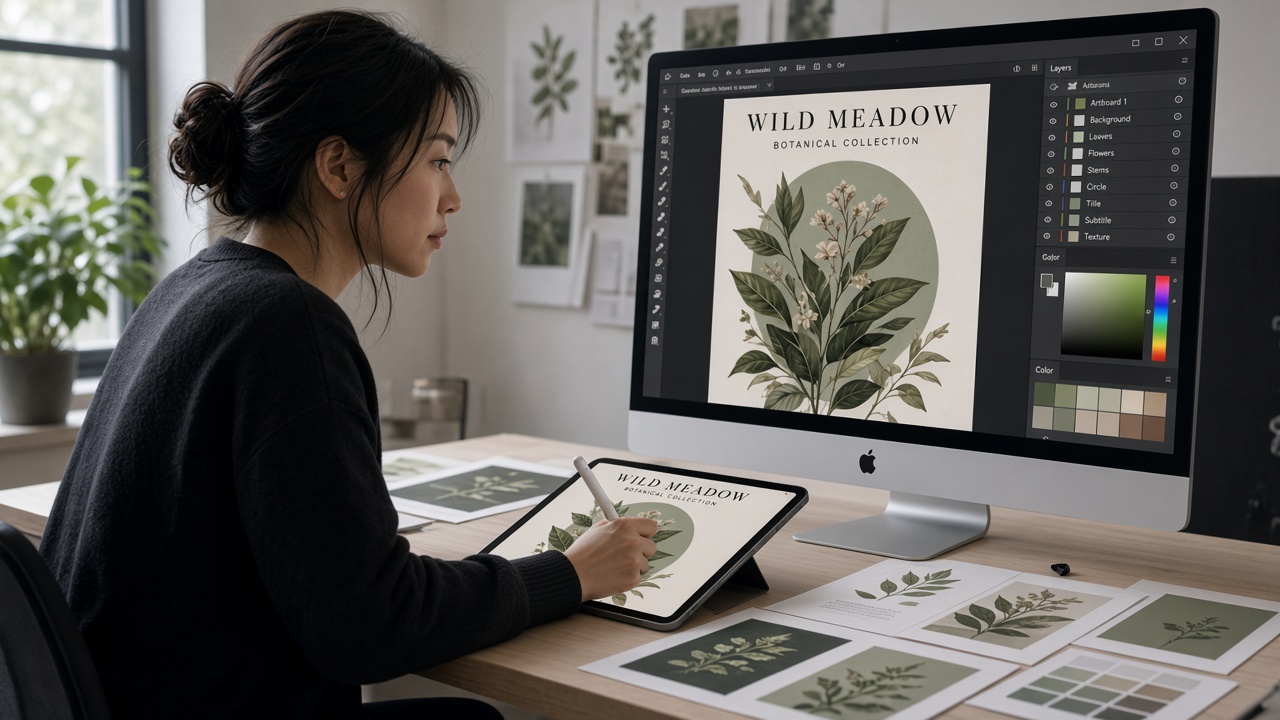 A woman at an Apple monitor and iPad, drawing the same botanical graphic on both screens.