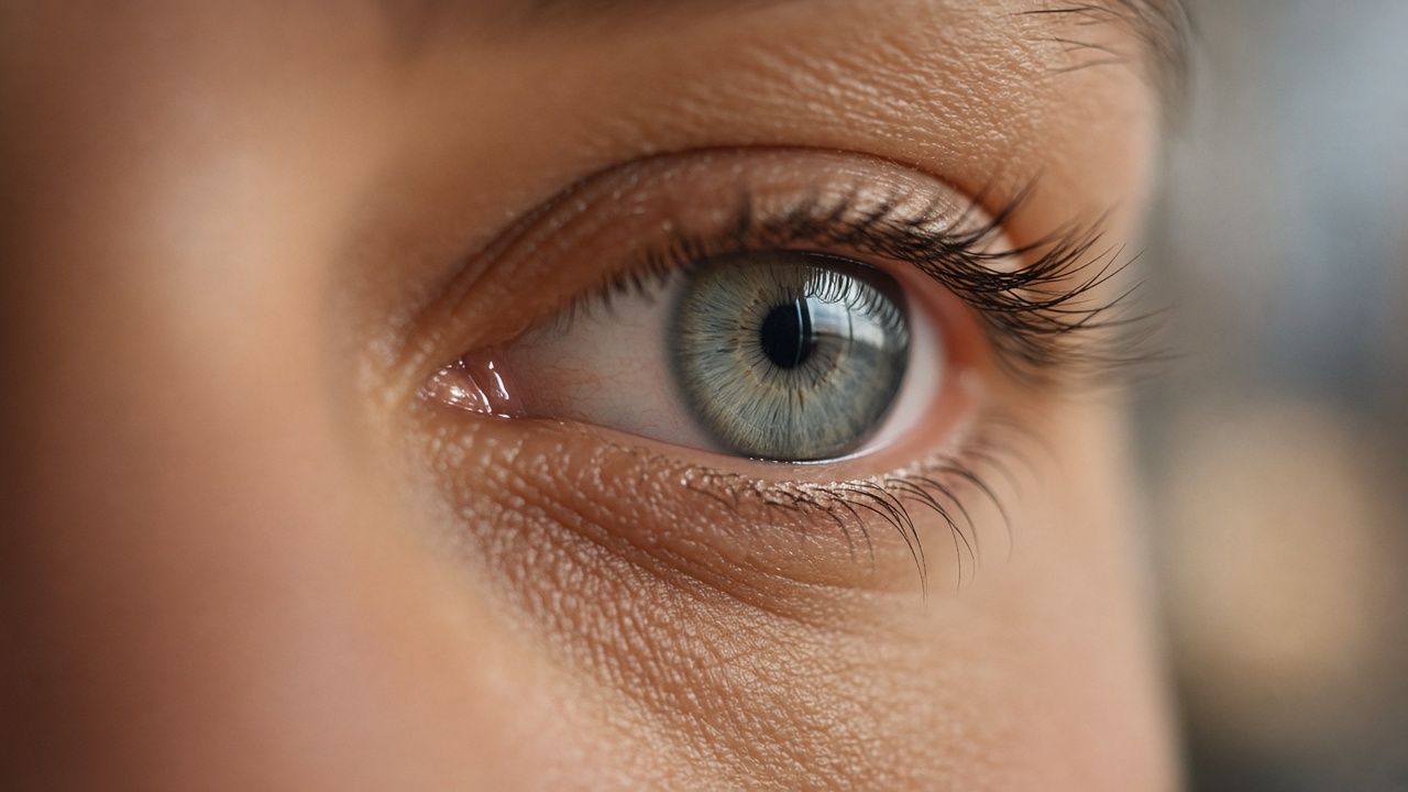 Close-up of an open eye, a thin glossy tear film catching the light.